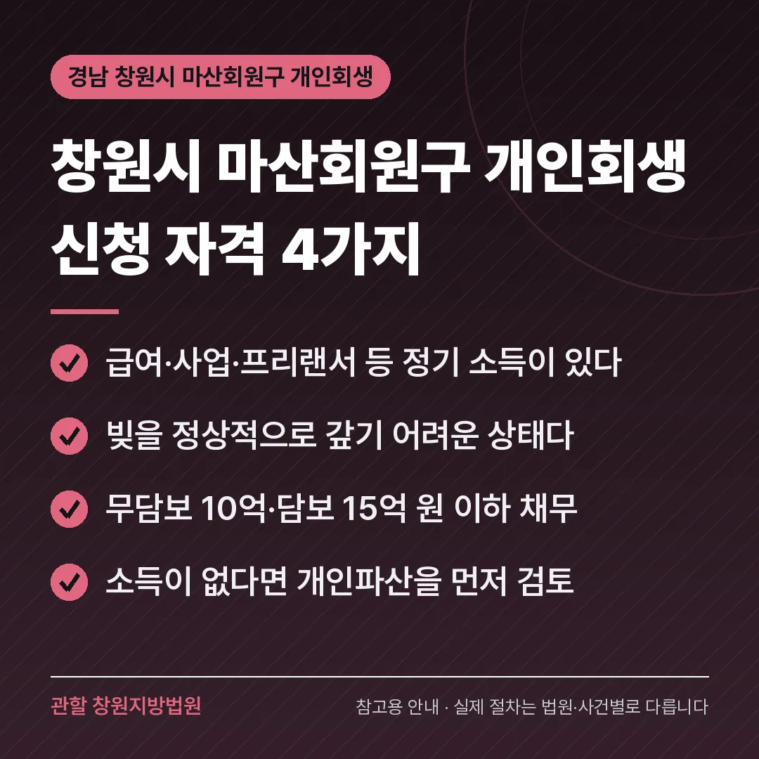 경남 창원시 마산회원구 개인회생 신청 자격 4가지 경남 창원시 마산회원구 개인회생 신청 자격 4가지